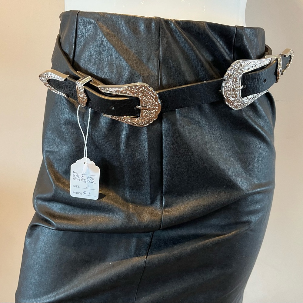 Elegant Black Leather Belt with Silver Buckles